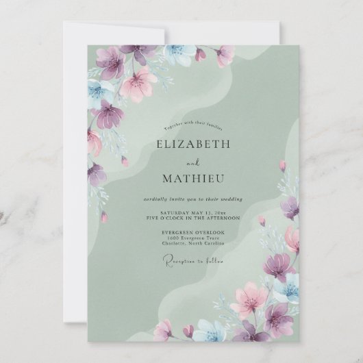 Hochzeit Celadon Immergrün-Blüten Einladung (Vorderseite)