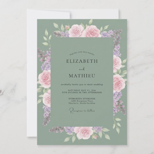 Hochzeit Celadon Lila Rose Einladung (Vorderseite)