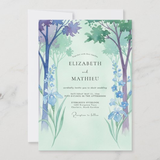 Hochzeit Celadon Periwinkle Wald Eukalyptus Einladung (Vorderseite)