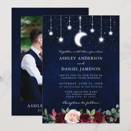 Hochzeit Celestial Moon Stars Lights Floral Foto Einladung (Vorne/Hinten)