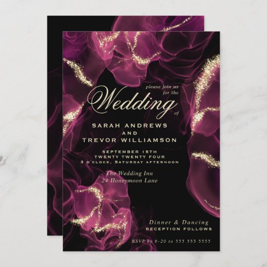 Hochzeit | Crimson Berry Alcohol Ink Einladung (Vorne/Hinten)