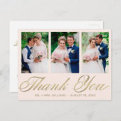 Hochzeit Danke 3 Foto Collage Blush Gold Postkarte (Vorne/Hinten)