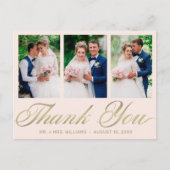 Hochzeit Danke 3 Foto Collage Blush Gold Postkarte (Vorderseite)