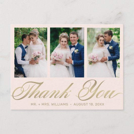 Hochzeit Danke 3 Foto Collage Blush Gold Postkarte (Vorderseite)