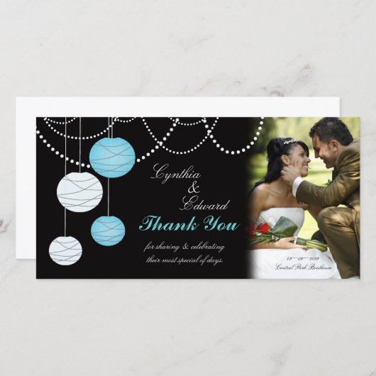 Hochzeit danke Aqua Blue Lanterns Foto Card (Vorne/Hinten)