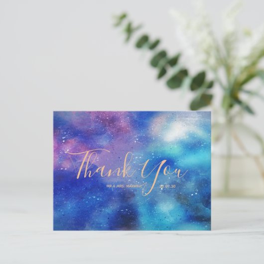Hochzeit Danke Blue Watercolor Script Postcard Postkarte (Stehend Vorderseite)