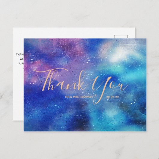 Hochzeit Danke Blue Watercolor Script Postcard Postkarte (Vorne/Hinten)