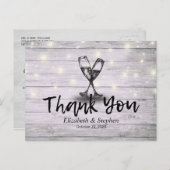 Hochzeit Danke Champagne Glasses Wood Lights Postkarte (Vorne/Hinten)