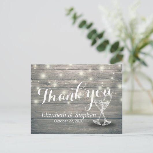 Hochzeit Danke Champagne Glasses Wood Lights Postkarte (Stehend Vorderseite)