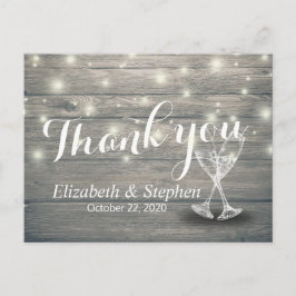 Hochzeit Danke Champagne Glasses Wood Lights Postkarte