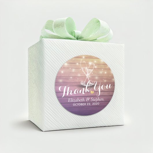 Hochzeit Danke Champagne Glasses Wood Lights Runder Aufkleber