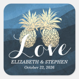 Hochzeit Danke Chic Blue Gold Ananas Couple Quadratischer Aufkleber