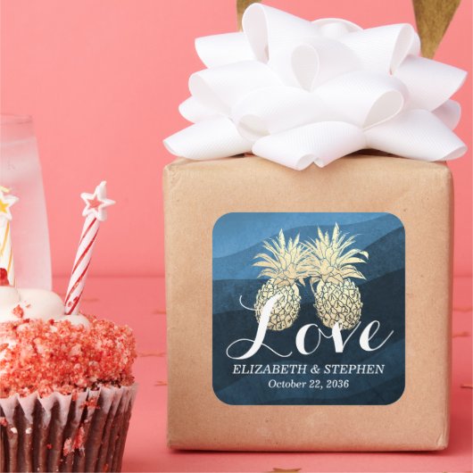 Hochzeit Danke Chic Blue Gold Ananas Couple Quadratischer Aufkleber (Party)