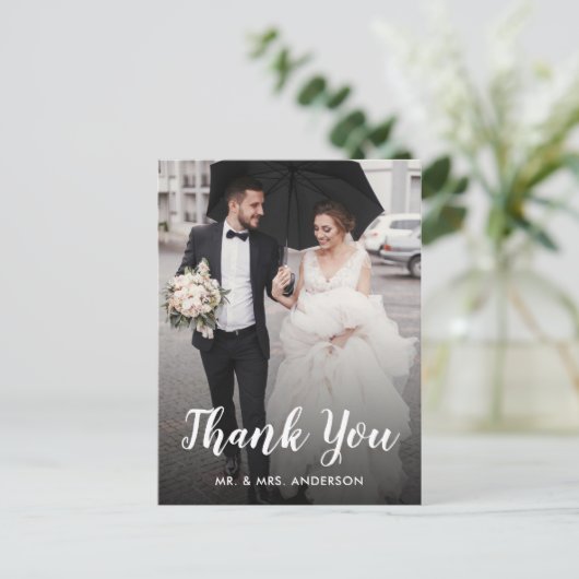 Hochzeit Danke Custom Foto White Script Postkarte (Stehend Vorderseite)