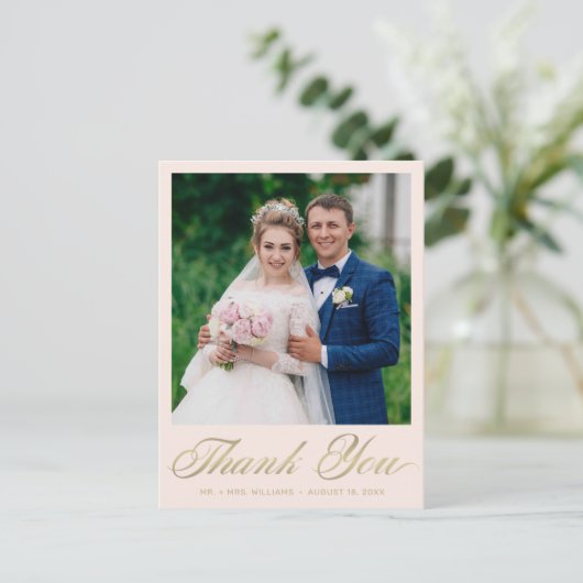 Hochzeit Danke, dass du Blush Pink Foto Gold Scrip Postkarte (Stehend Vorderseite)