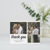 Hochzeit Danke, elegantes Script | Zwei Fotos Postkarte (Stehend Vorderseite)