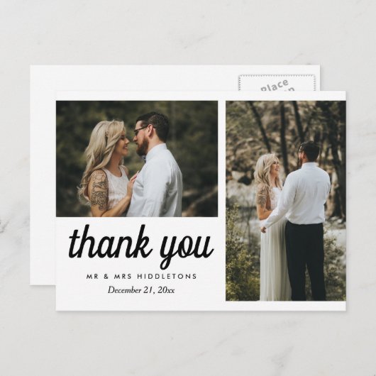 Hochzeit Danke, elegantes Script | Zwei Fotos Postkarte (Vorne/Hinten)