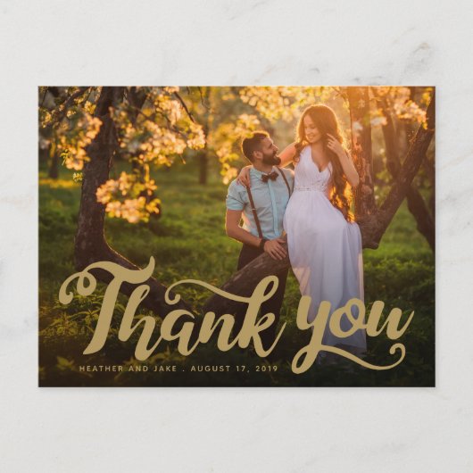 Hochzeit Danke | Gold Script Type auf Foto Postkarte (Vorderseite)