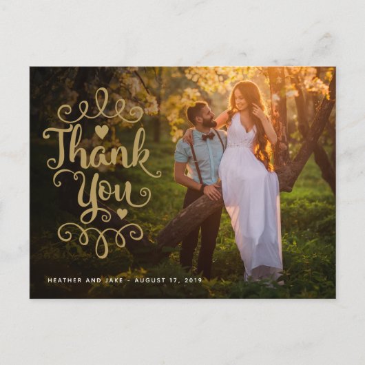 Hochzeit Danke | Gold Script Type auf Foto Postkarte (Vorderseite)