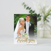 Hochzeit Danke | Goldene Schrift über Foto Postkarte (Stehend Vorderseite)