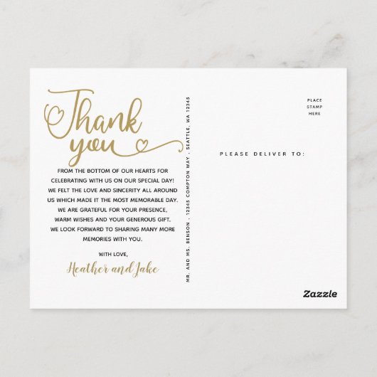 Hochzeit Danke | Goldene Schrift über Foto Postkarte (Rückseite)