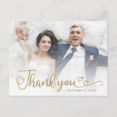 Hochzeit Danke | Goldene Schrift über Foto Postkarte (Vorderseite)