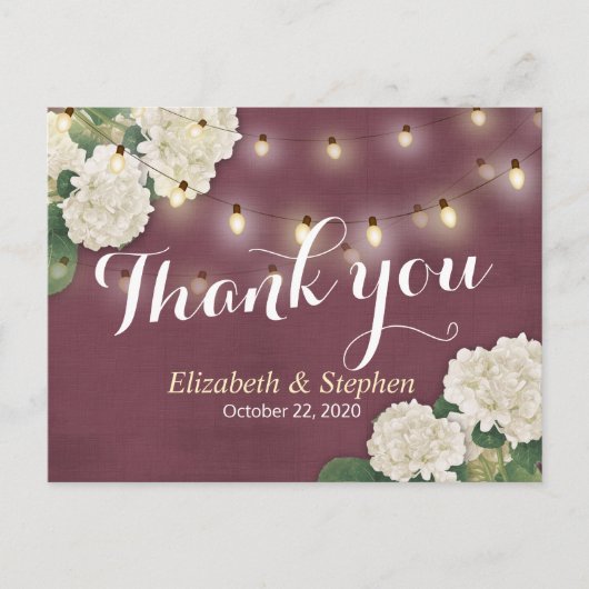 Hochzeit danke Hydrangea String Lights Burgundy Postkarte (Vorderseite)