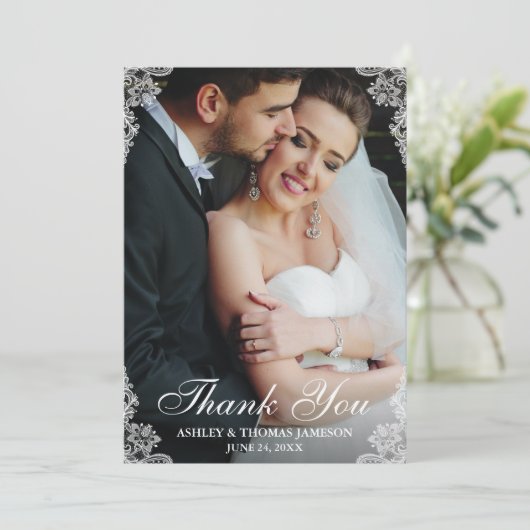 Hochzeit danke Ihnen Lace Border Couple Foto (Stehend Vorderseite)