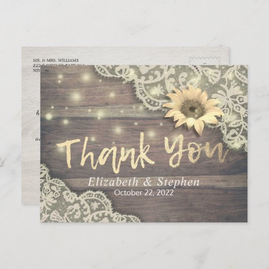 Hochzeit danke Ihnen Lace Sunflower Rustic Wood Li Postkarte (Vorne/Hinten)