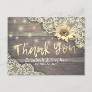 Hochzeit danke Ihnen Lace Sunflower Rustic Wood Li Postkarte