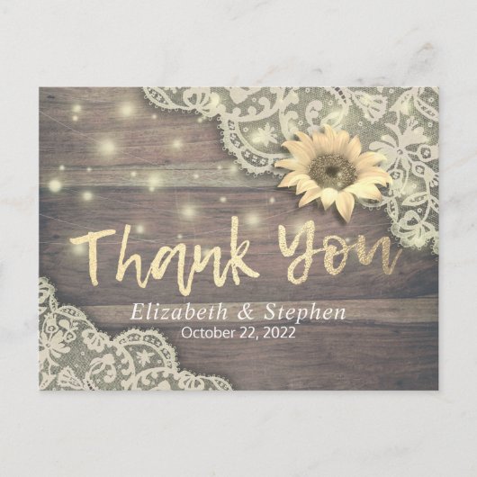 Hochzeit danke Ihnen Lace Sunflower Rustic Wood Li Postkarte (Vorderseite)