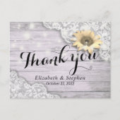 Hochzeit danke Ihnen Lace Sunflower Rustic Wood Li Postkarte (Vorderseite)