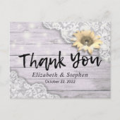 Hochzeit danke Ihnen Lace Sunflower Rustic Wood Li Postkarte (Vorderseite)