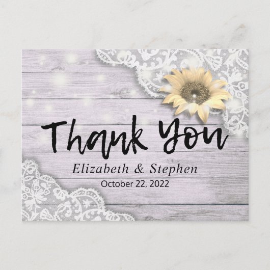 Hochzeit danke Ihnen Lace Sunflower Rustic Wood Li Postkarte (Vorderseite)