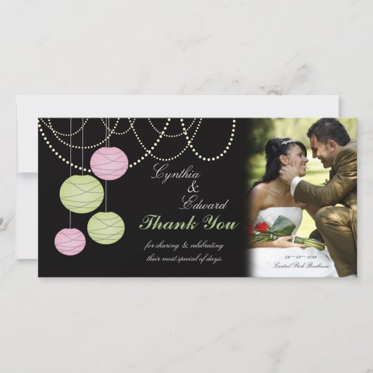 Hochzeit danke Ihnen rosa grüne Lanterns Fotokarte (Vorderseite)