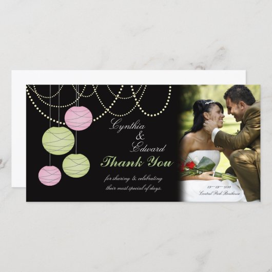 Hochzeit danke Ihnen rosa grüne Lanterns Fotokarte (Vorne/Hinten)