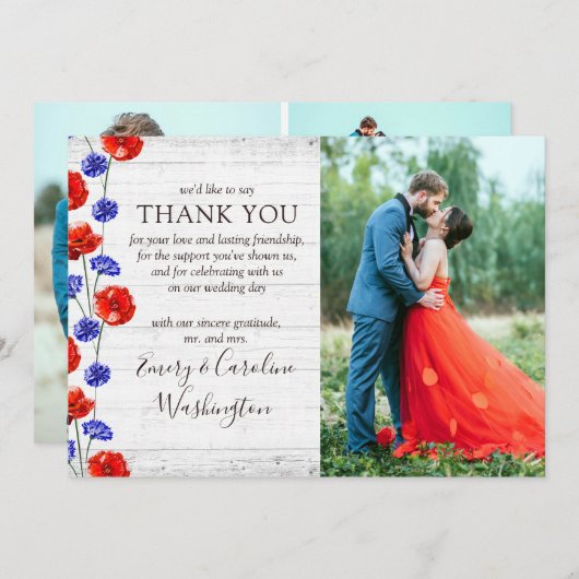 Hochzeit danke Ihnen rustikal Red Poppy 4-Foto-Kar Einladung (Vorne/Hinten)