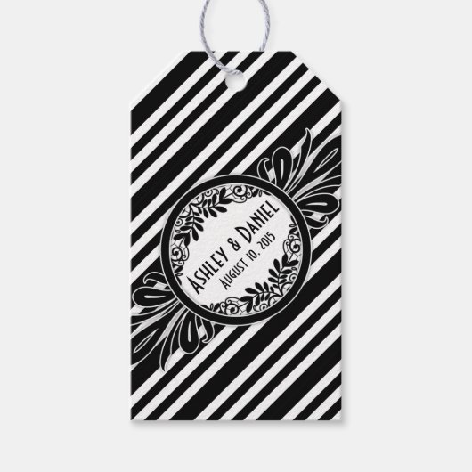 Hochzeit danke Ihnen Schwarz-weiß Stripe Floral Geschenkanhänger (Vorderseite)
