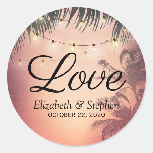 Hochzeit danke Ihnen Sommer Palm Trees String Ligh Runder Aufkleber (Vorderseite)