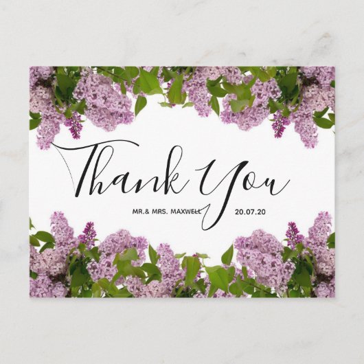 Hochzeit Danke | Lila Blumenschrift Postkarte (Vorderseite)