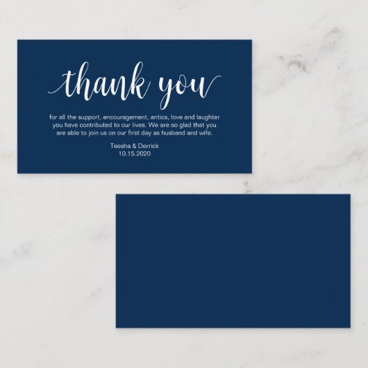 Hochzeit Danke, Moderne Navy Blue Script Begleitkarte (Vorne/Hinten)