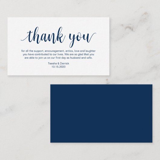 Hochzeit Danke, Moderne Navy Blue Script Begleitkarte (Vorne/Hinten)