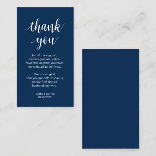 Hochzeit Danke, Moderne Navy Blue Script Begleitkarte (Vorne/Hinten)