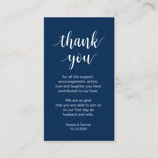 Hochzeit Danke, Moderne Navy Blue Script Begleitkarte (Vorderseite)