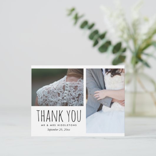 Hochzeit Danke, Whimsical | Zwei Fotos Postkarte (Stehend Vorderseite)