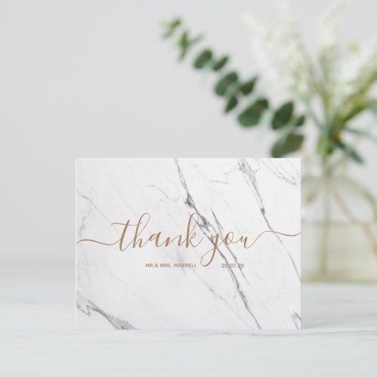 Hochzeit Danke | White Marble Script Postcard Postkarte (Stehend Vorderseite)