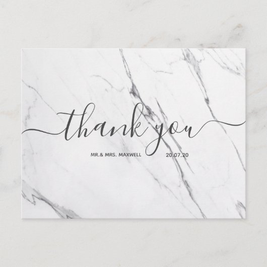 Hochzeit Danke | White Marble Script Postcard Postkarte (Vorderseite)