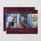 Hochzeit Das Datum speichern - Weinrot und Rose Go Ankündigungspostkarte (Vorne/Hinten)