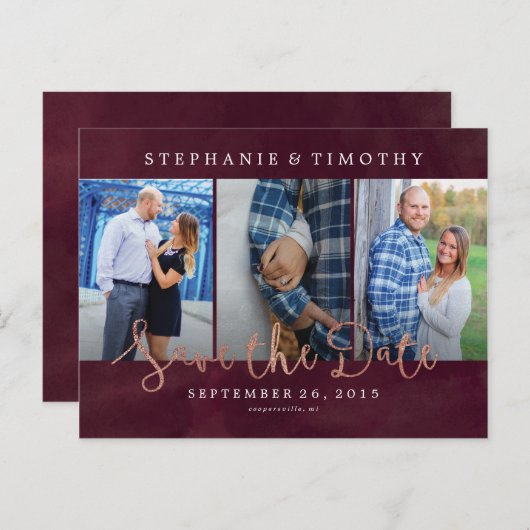 Hochzeit Das Datum speichern - Weinrot und Rose Go Ankündigungspostkarte (Vorne/Hinten)