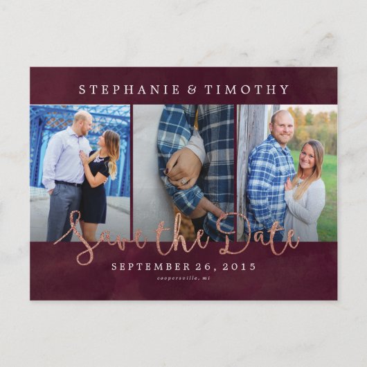 Hochzeit Das Datum speichern - Weinrot und Rose Go Ankündigungspostkarte (Vorderseite)